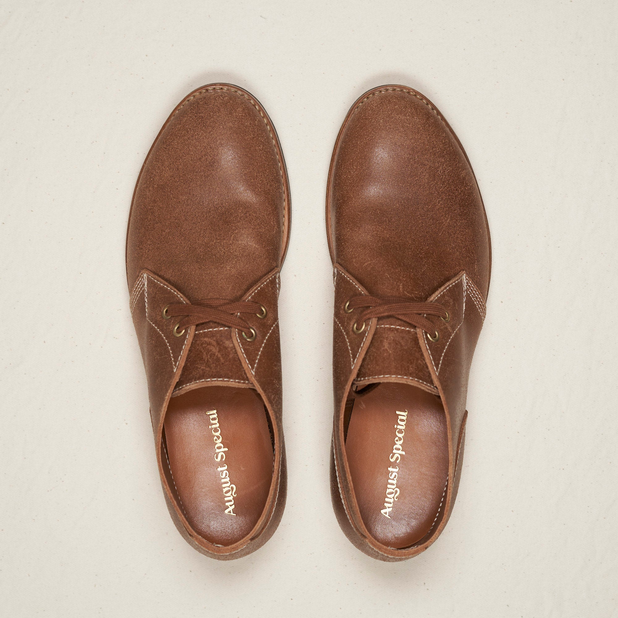 Top-down view of August Special Aviator men's roughout suede chukka — Goodyear welt, cushioned footbed.