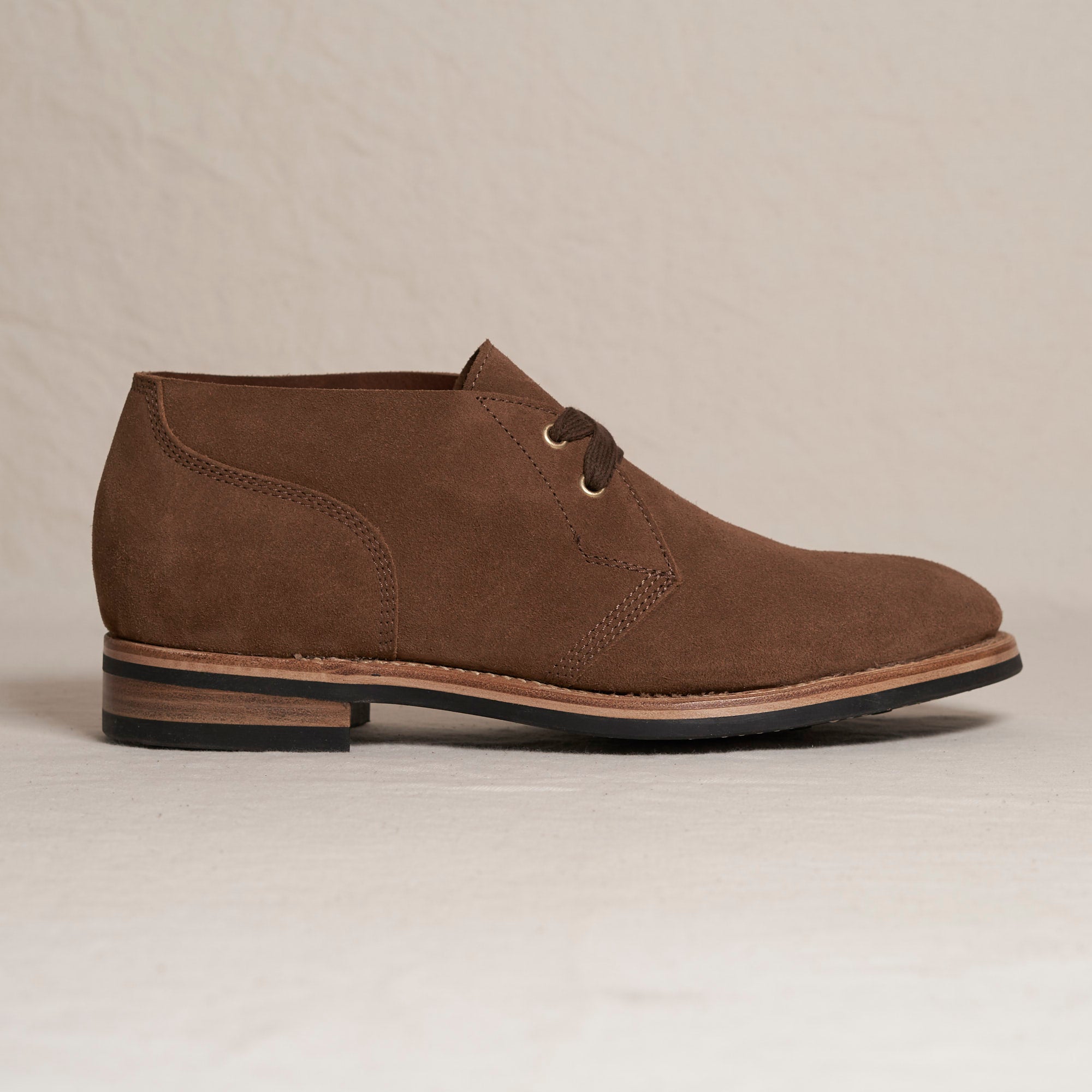 August Special Aviator men's Goodyear chukka in snuff Maryam veg-tan suede — classic American style, luxurious comfort.