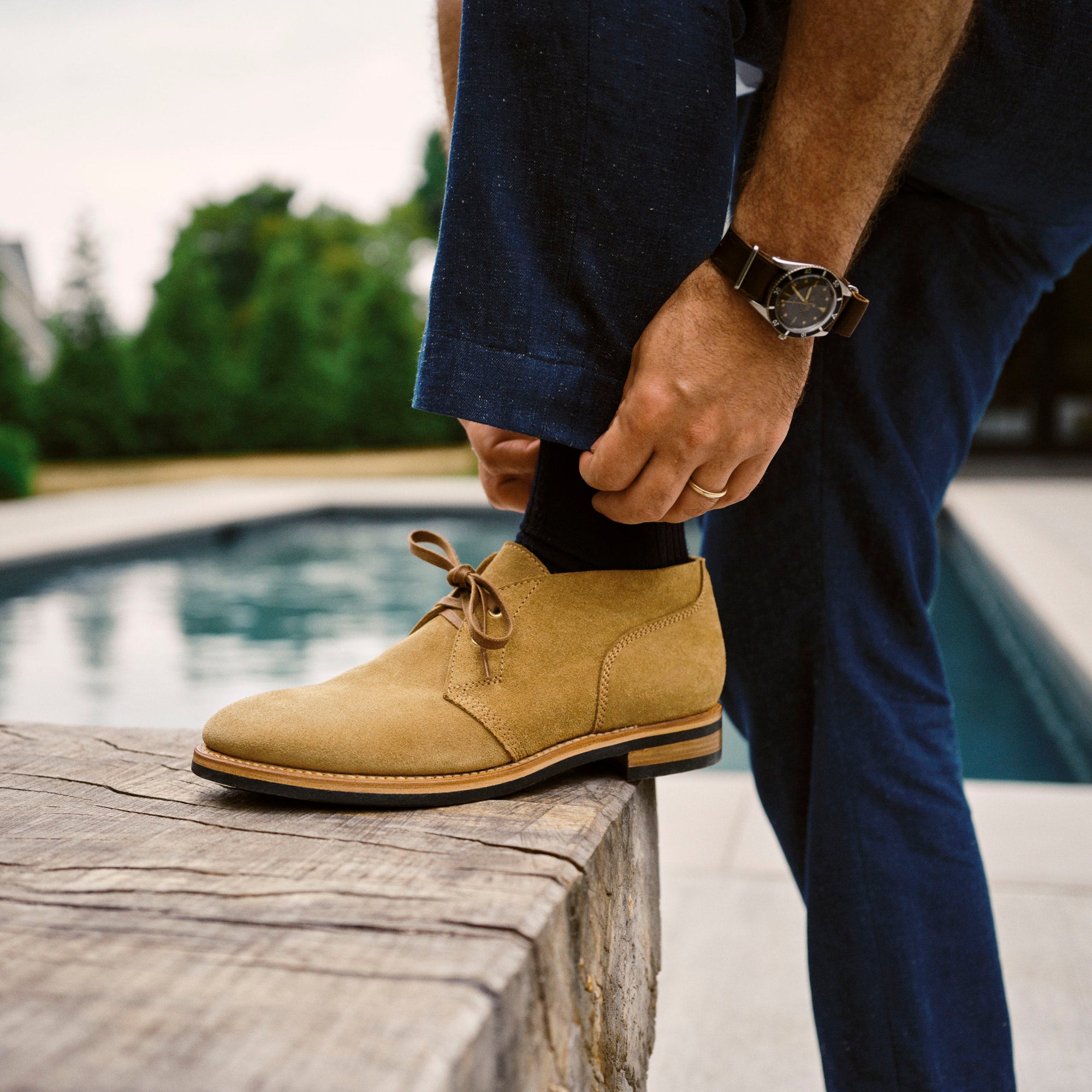 Llifestyle view of August Special Aviator suede Goodyear chukka boot — classic American style.
