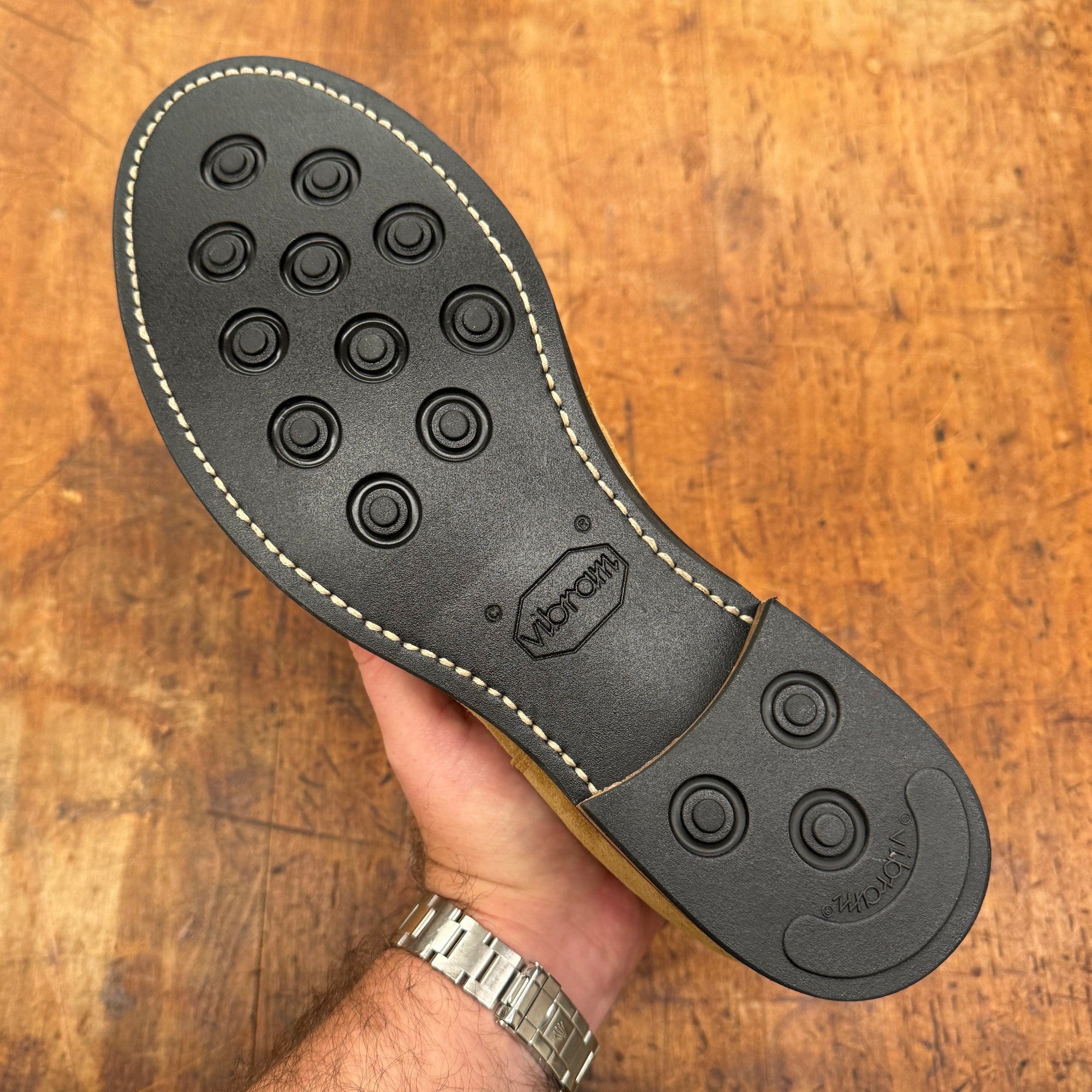 Sole view of August Special Aviator Maryam suede chukka — Goodyear welt and Vibram rubber outsole.