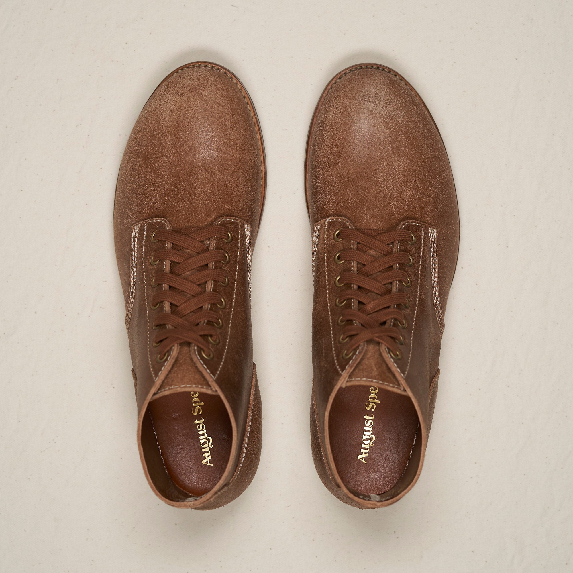 Top-down view of August Special Belliver men's roughout horsehide boot — unlined upper, cushioned tongue, Harry Last. The acclaimed New York Times Best Boot 2026.