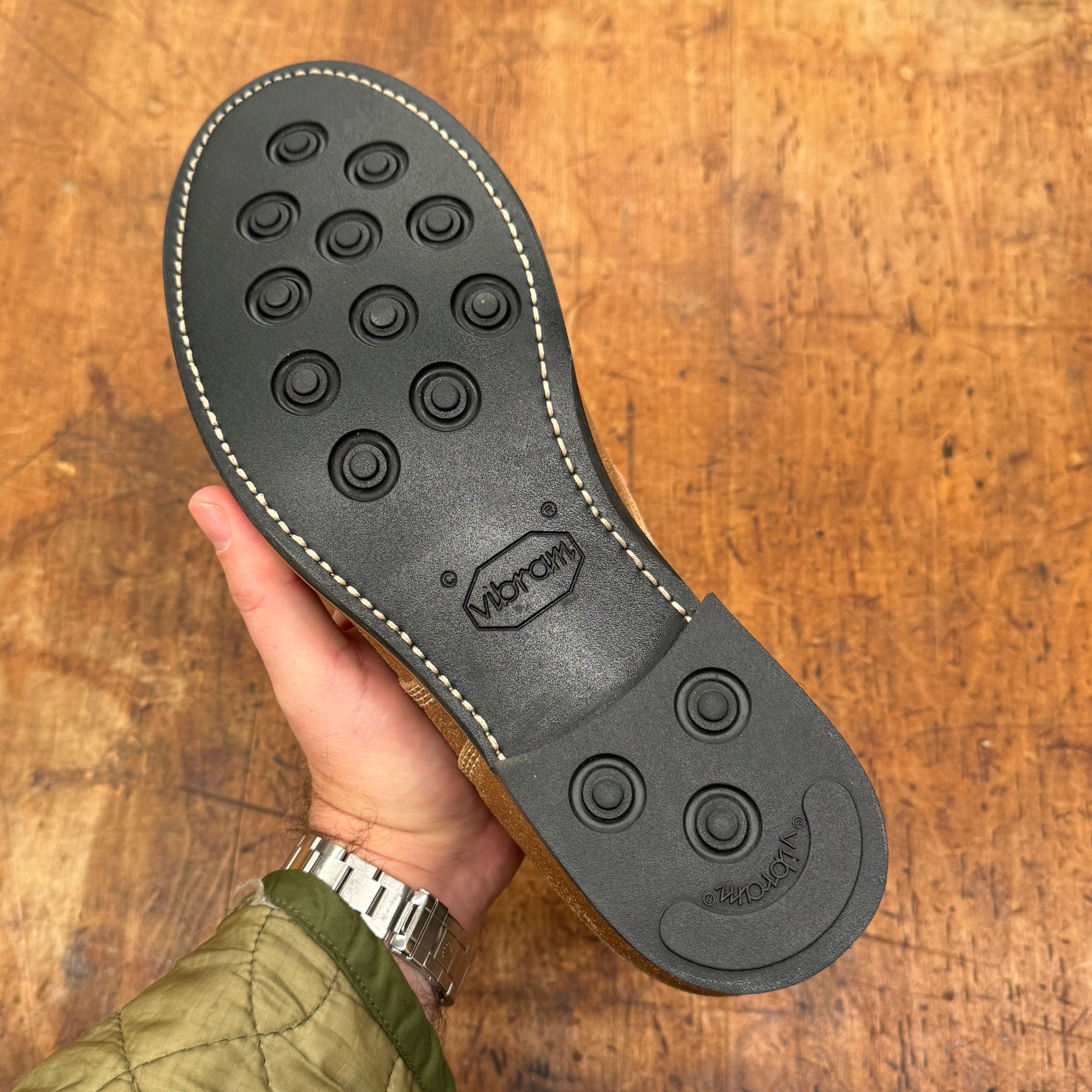 Bottom view displaying the durable Vibram rubber outsole and slightly elevated toe-spring of the Modified Harry Last.