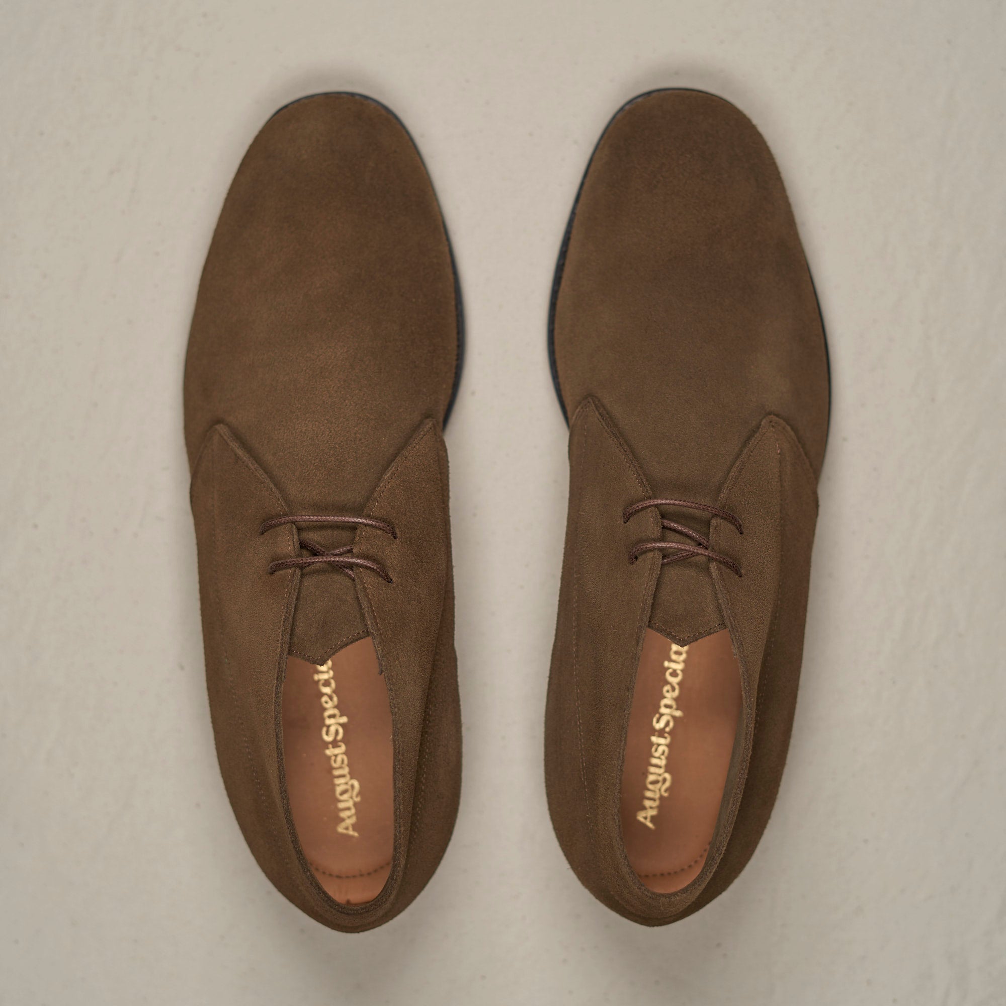 Top-down view of August Special Voyager men's antelope suede chukka — Voyager Last, Blake stitch, padded footbed.