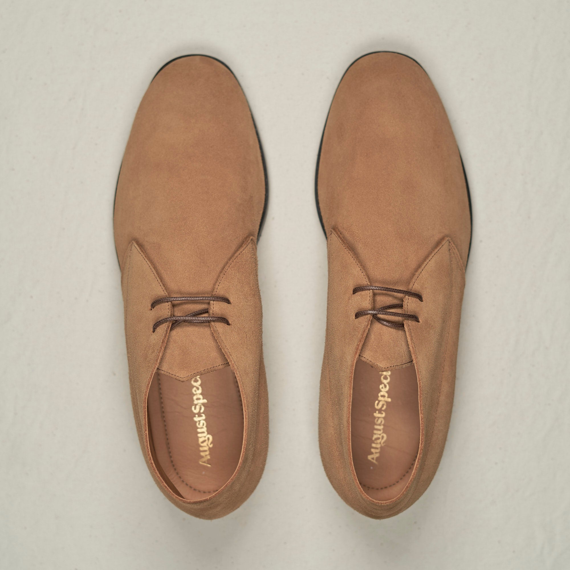 Top-down view of August Special Voyager men's caramel suede chukka — Voyager Last, Blake stitch, padded footbed.