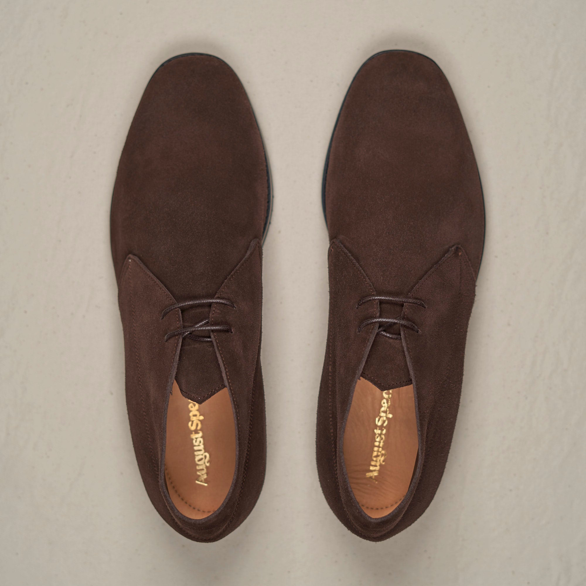 Top-down view of August Special Voyager men's chocolate suede chukka — Voyager Last, Blake stitch, padded footbed.