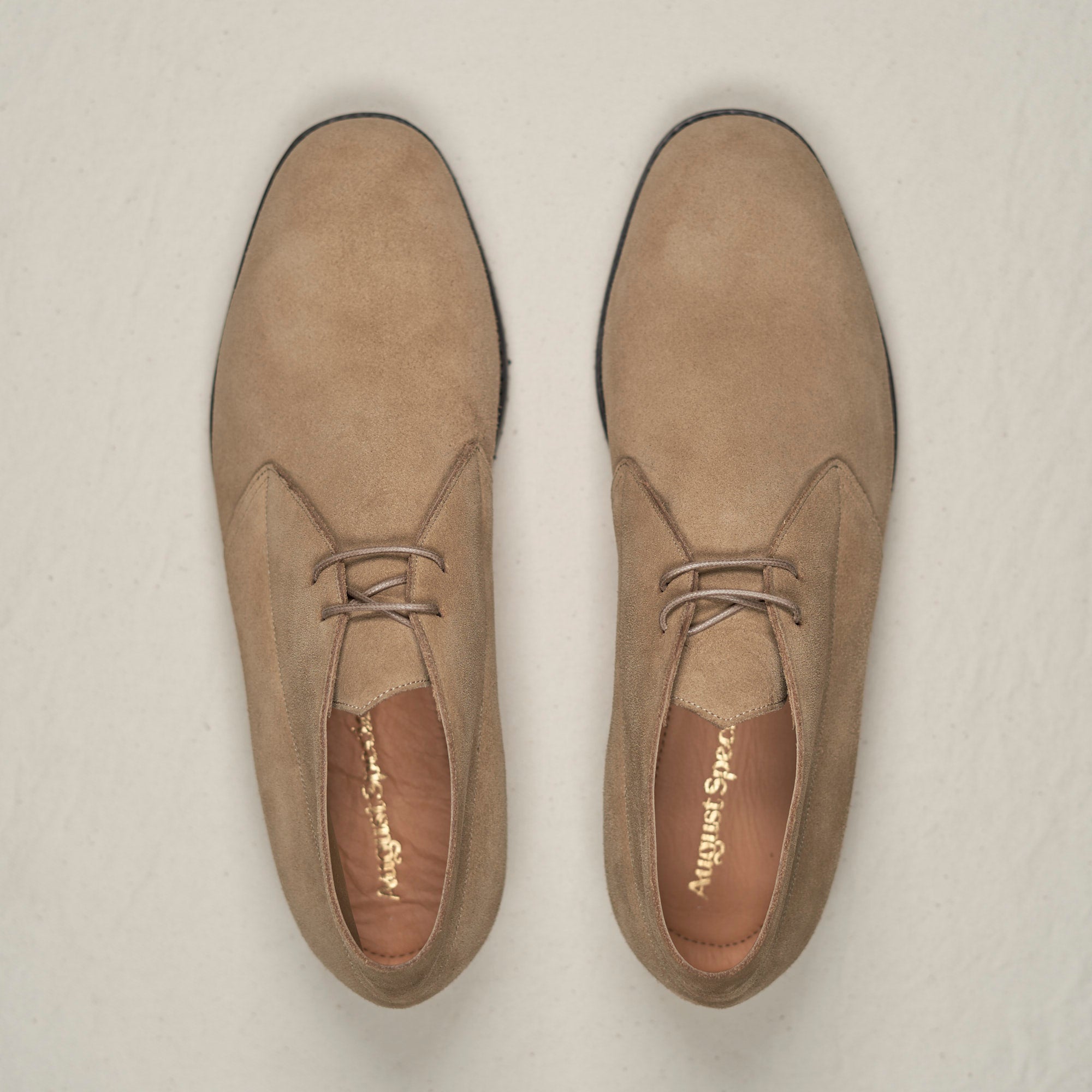 Top-down view of August Special Voyager men's sand suede chukka — Voyager Last, Blake stitch, padded footbed.
