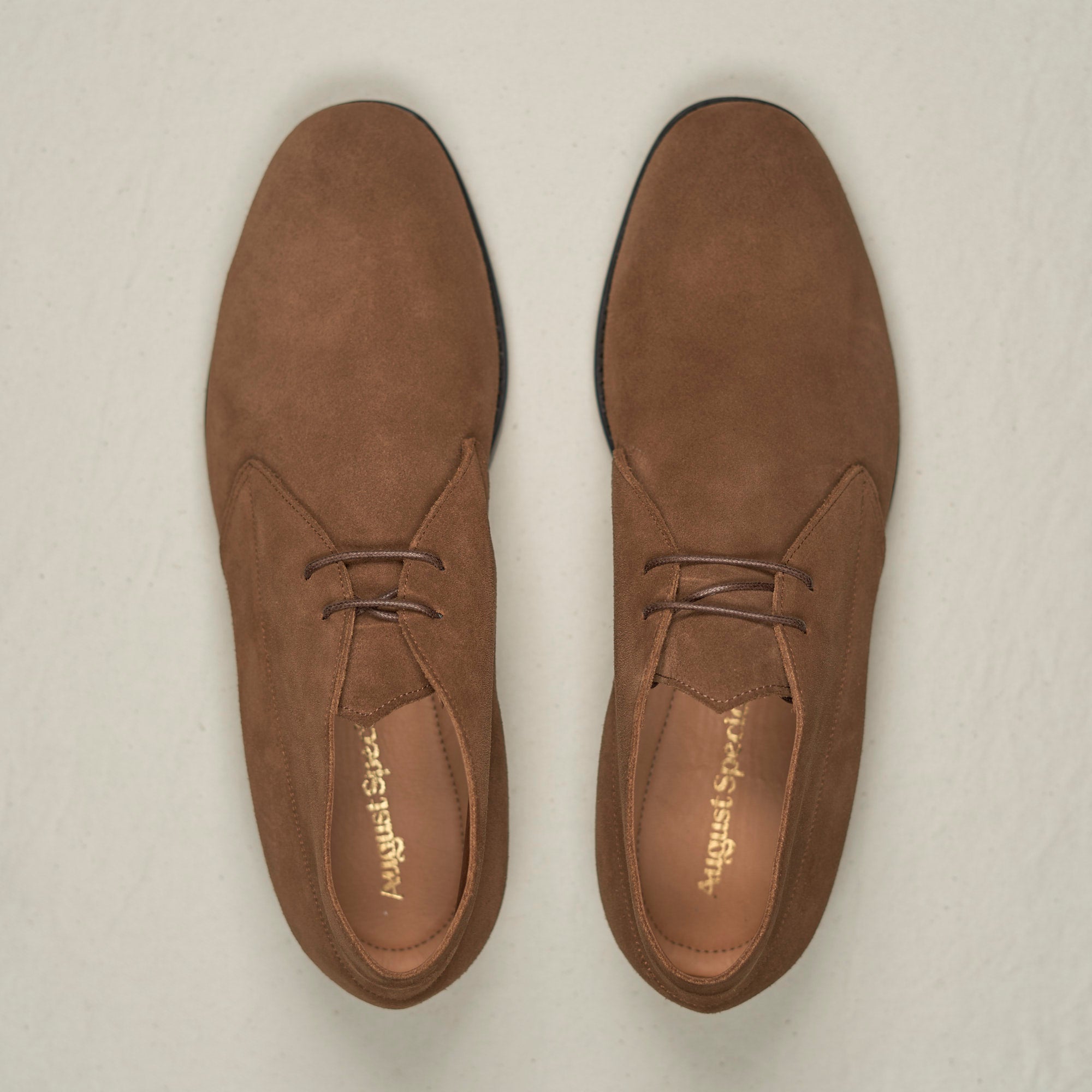 Top-down view of August Special Voyager men's tobacco suede chukka — Voyager Last, Blake stitch, padded footbed.